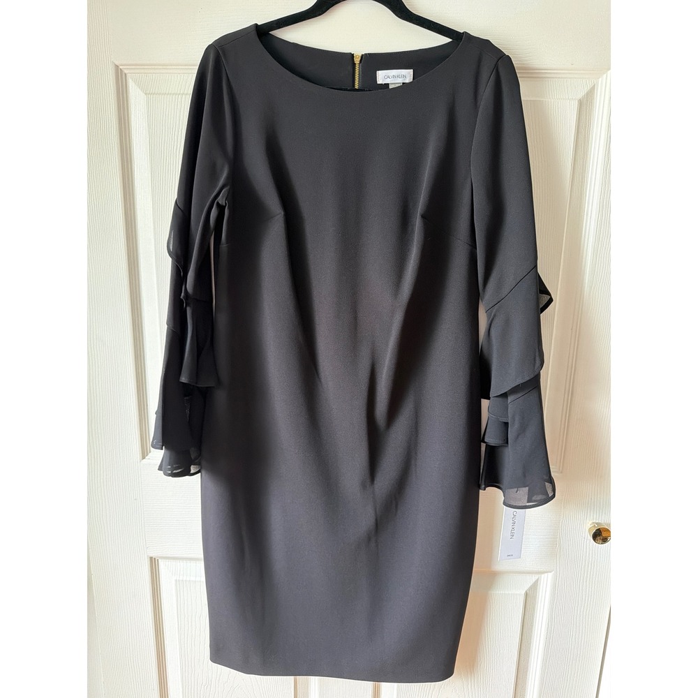 Calvin Klein NWT Sheath Dress Womens 12 Black Ruffle Bell Sleeve Career Goth